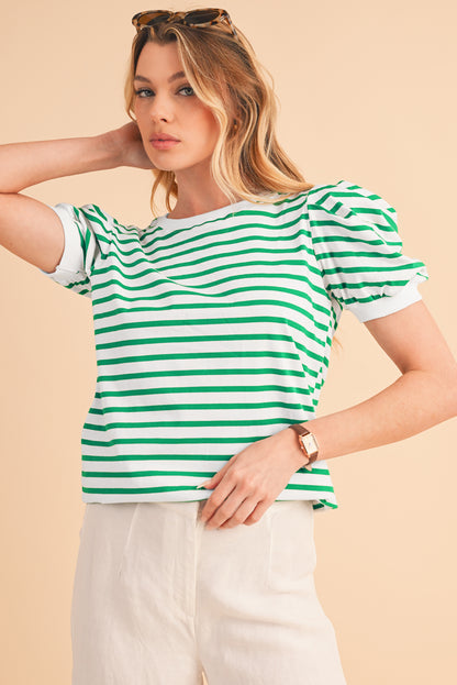 Green Stripe Puff Short Sleeve Contrast Trim T Shirt