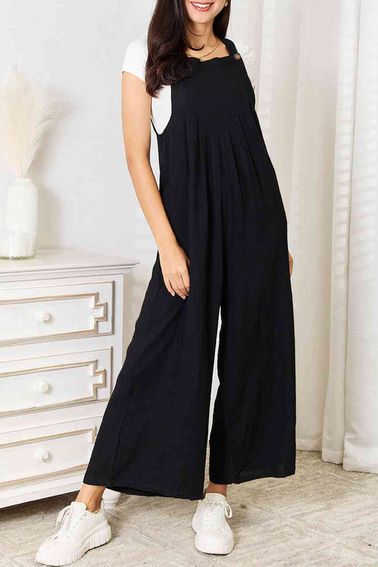 Black Buttoned Straps Crinkle Wide Leg Pocketed Overalls