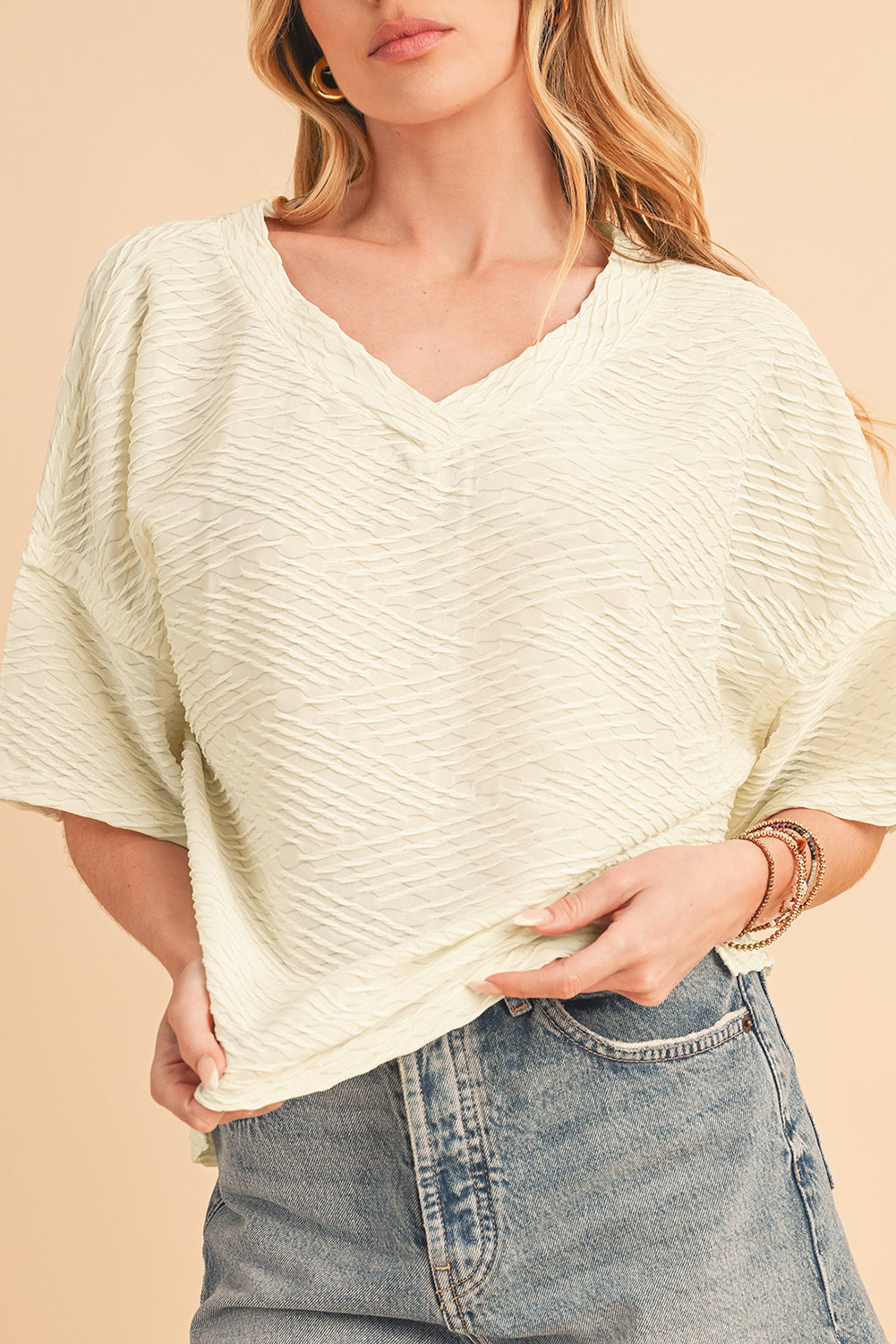 Beige Textured V Neck Split Hem T Shirt