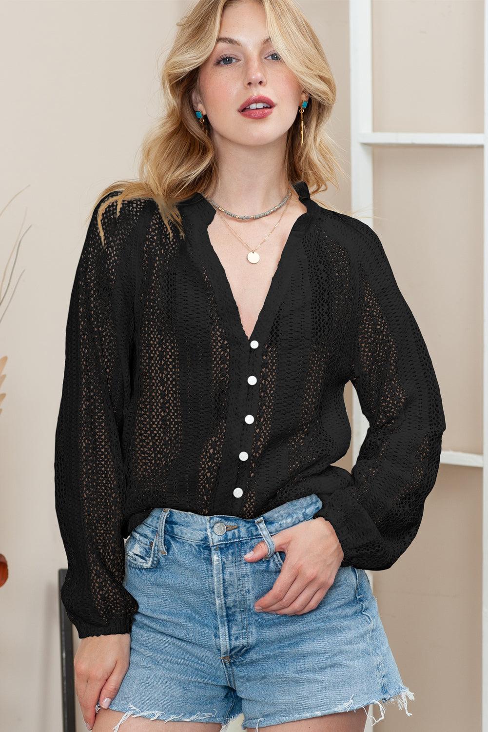 Notch Neck Button Down Raglan Sleeve Lace Top