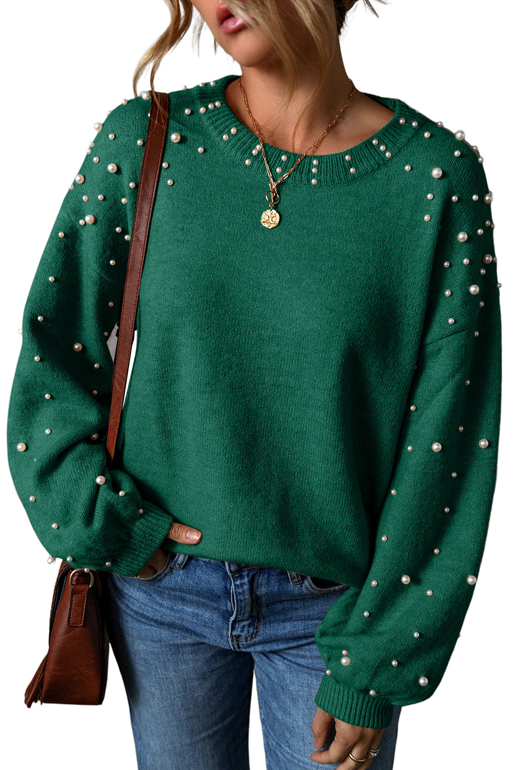 Pearl Drop Shoulder Round Neck Sweater