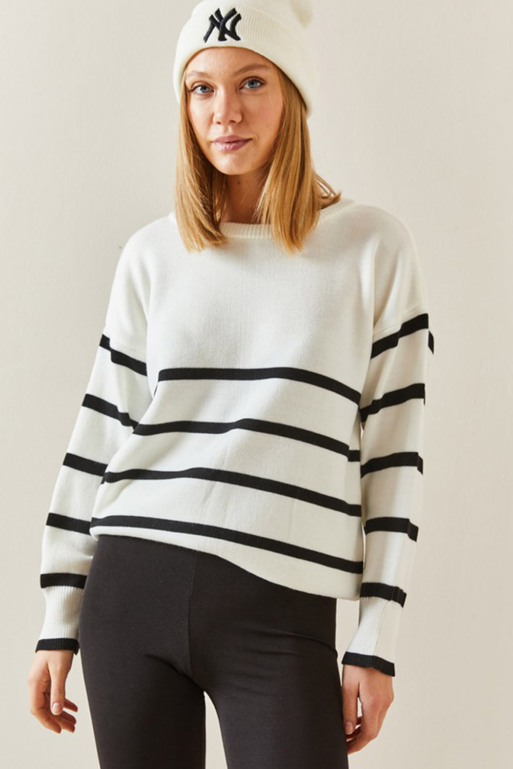 Beige Stripe Crew Neck Drop Sleeve Sweater