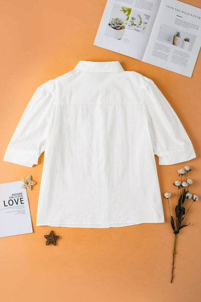 White Solid Color Button Up Puff Sleeve Shirt.