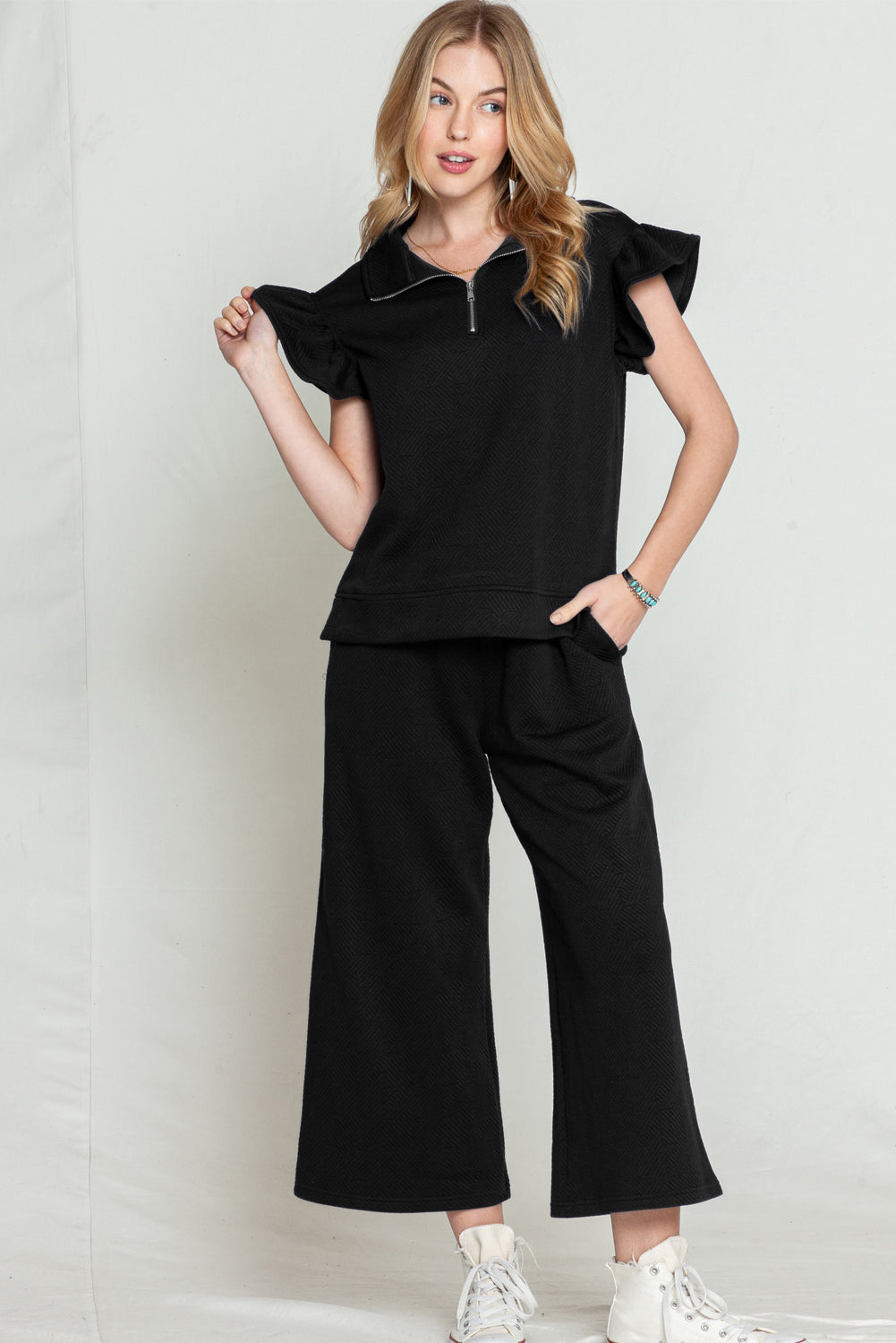 Textured Ruffle Cap Sleeve Top and Wide Leg Pants Set