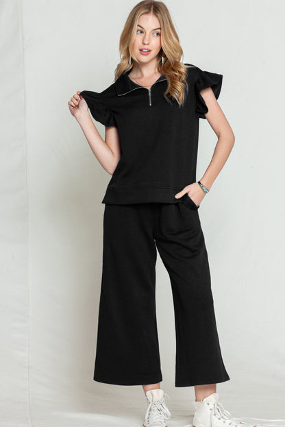 Textured Ruffle Cap Sleeve Top and Wide Leg Pants Set