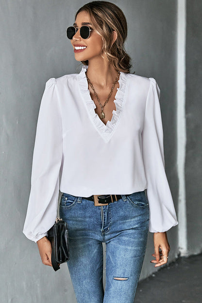 White Solid Color Ruffled V Neck Long Sleeve Shirt