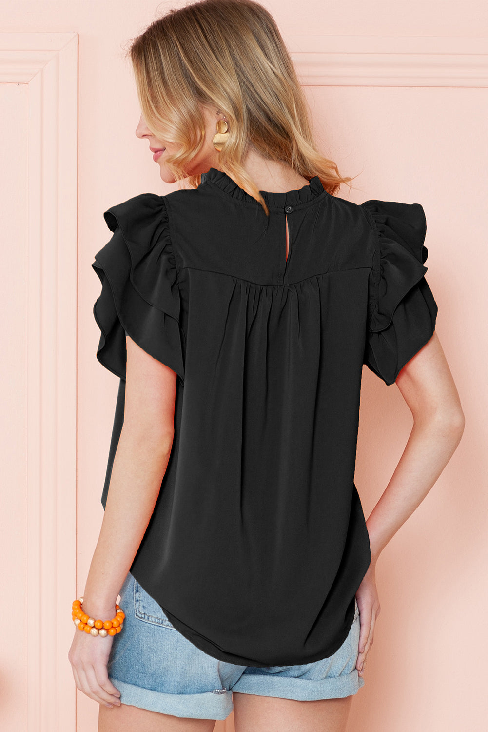 Ruched Frilled Neck Ruffle Sleeve Blouse