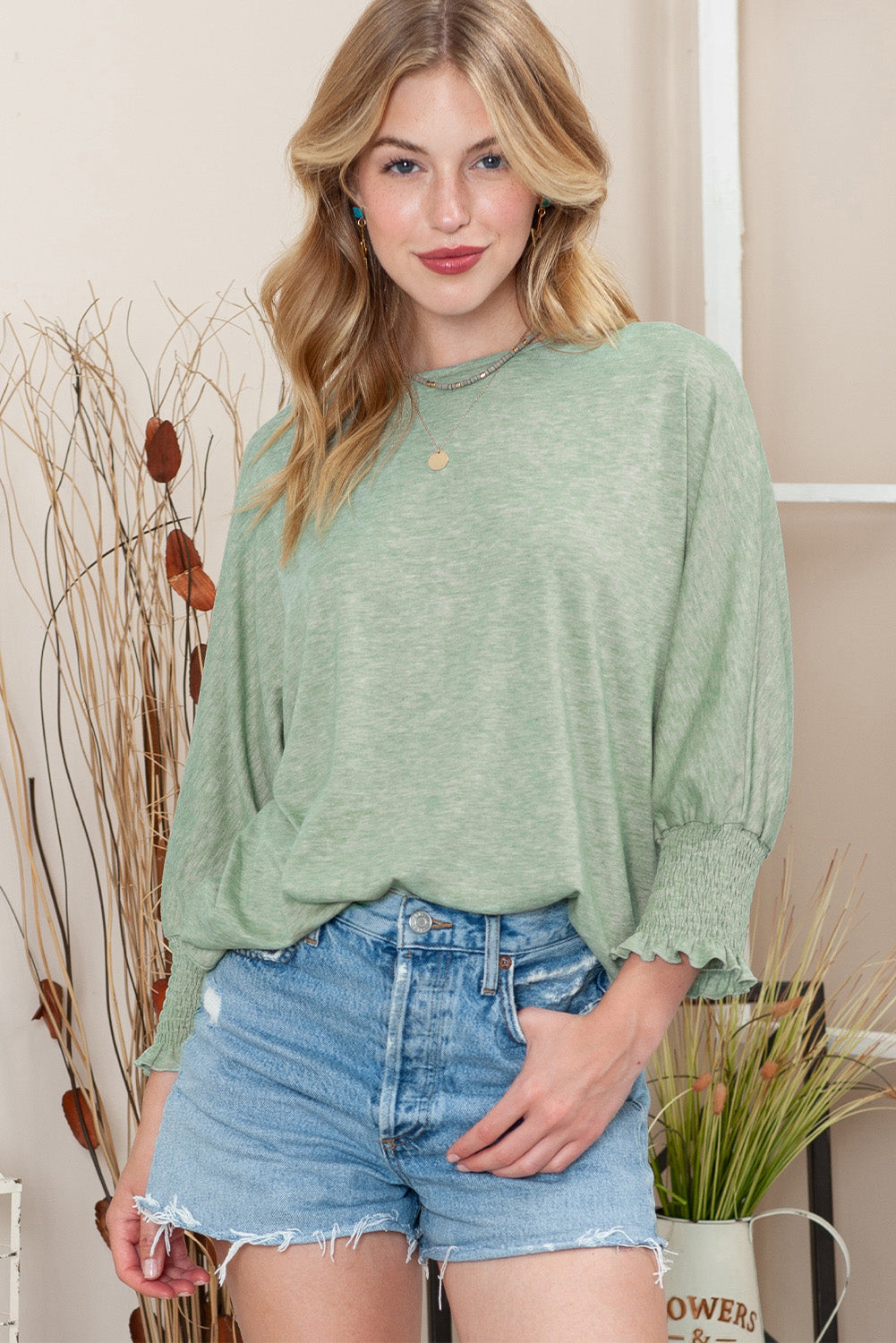 Plain Smocked 3/4 Sleeve Casual Loose T Shirt