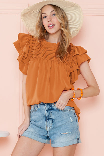 Ruched Frilled Neck Ruffle Sleeve Blouse