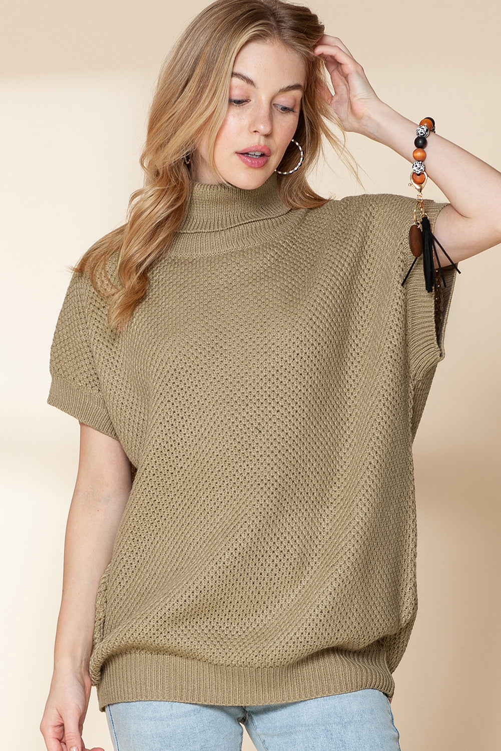 Ribbed Turtleneck Textured Short Sleeve Sweater