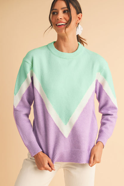 Green Chevron Colorblock Ribbed Knit Drop Shoulder Sweater