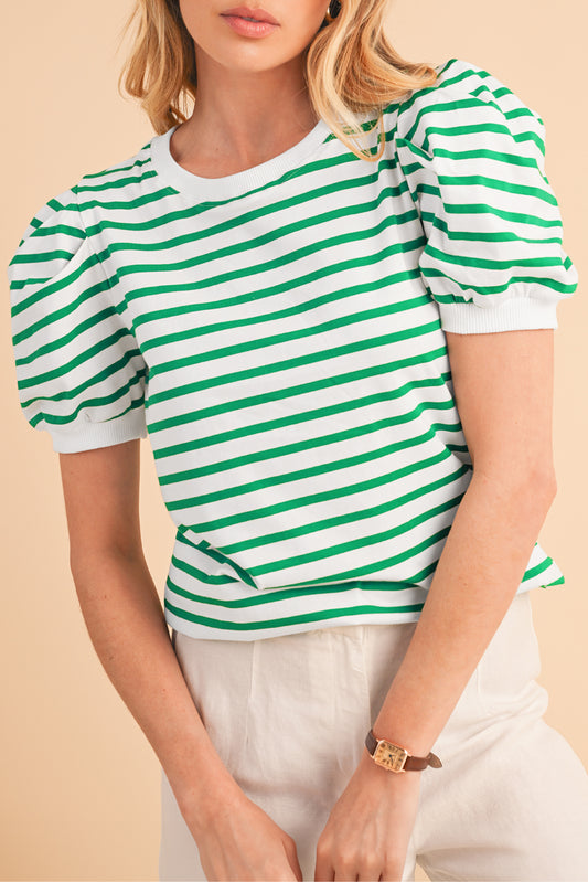 Green Stripe Puff Short Sleeve Contrast Trim T Shirt