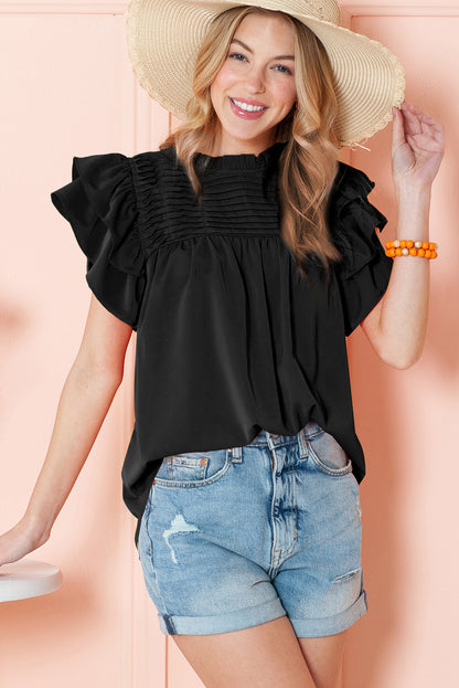 Ruched Frilled Neck Ruffle Sleeve Blouse