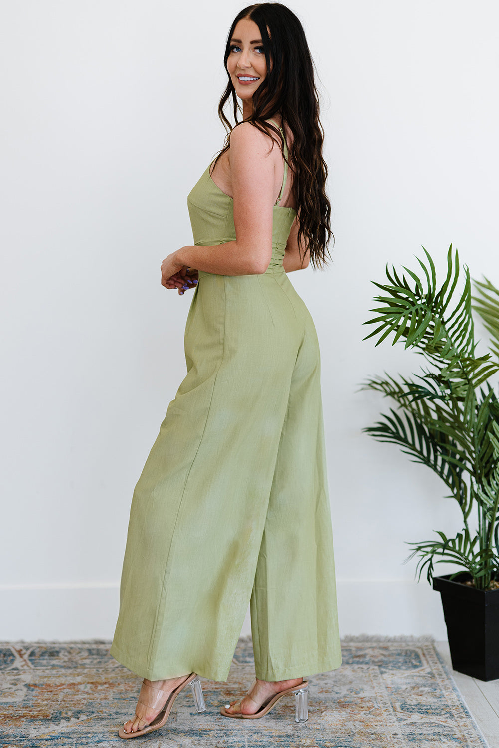 Green Casual Asymmetric Thin Straps Wide Leg Jumpsuit