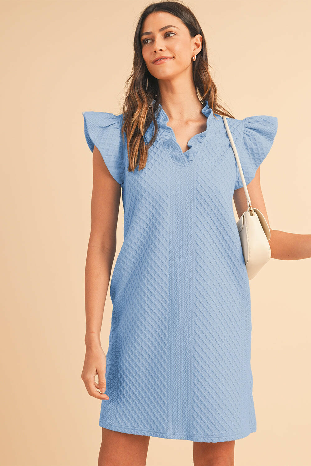 Light Blue Textured Puff Sleeve Ruffled V Neck Mini Dress.