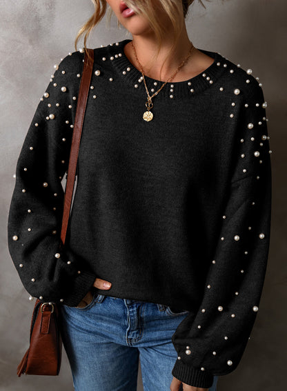 Pearl Drop Shoulder Round Neck Sweater