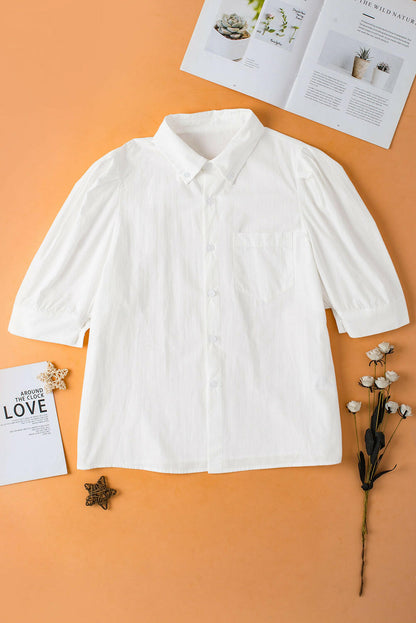 White Solid Color Button Up Puff Sleeve Shirt.