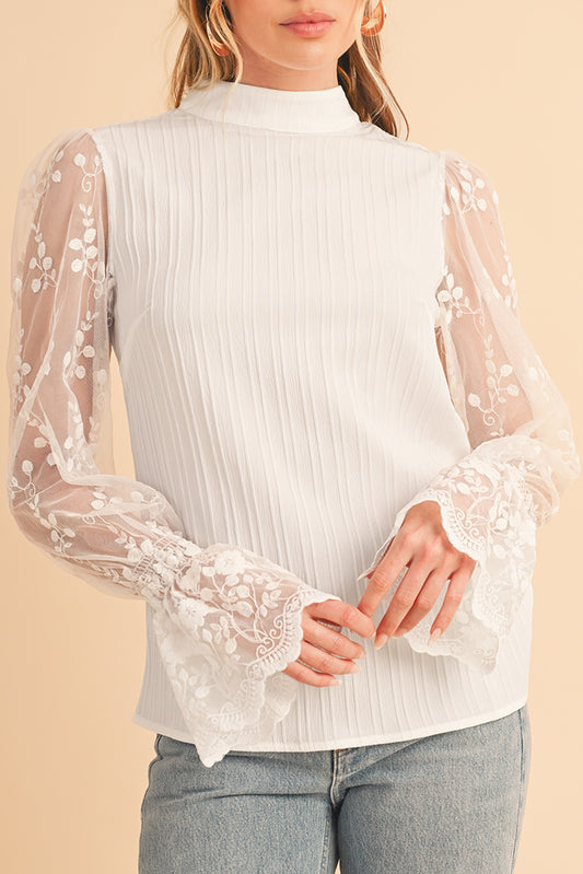 Textured Contrast Lace Sleeve Mock Neck Blouse