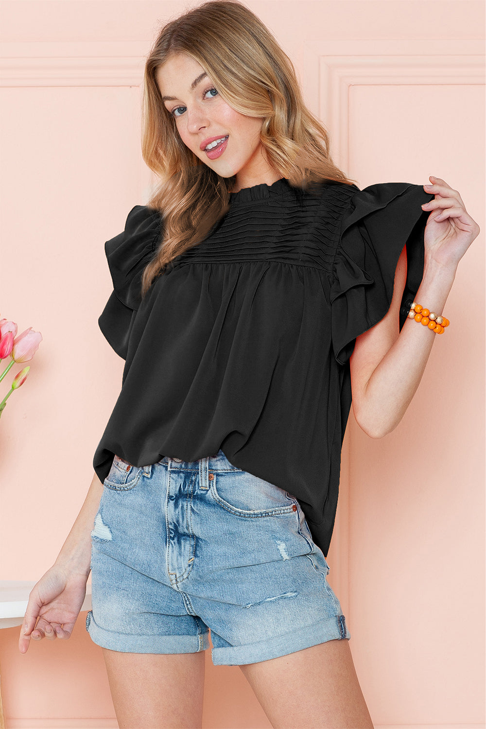 Ruched Frilled Neck Ruffle Sleeve Blouse