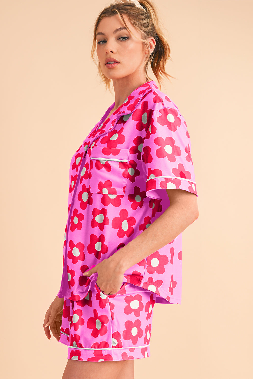 Flower Print Buttoned Shirt and Drawstring Waist Pajama Set