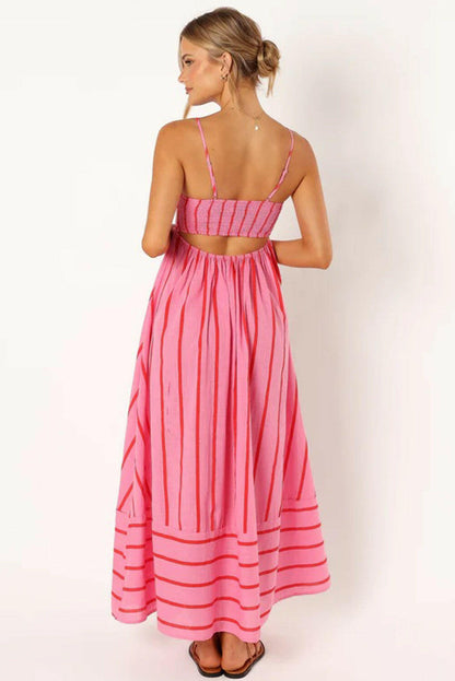 Pink Striped Spaghetti Strap Halter Backless Hem Maxi Dress.