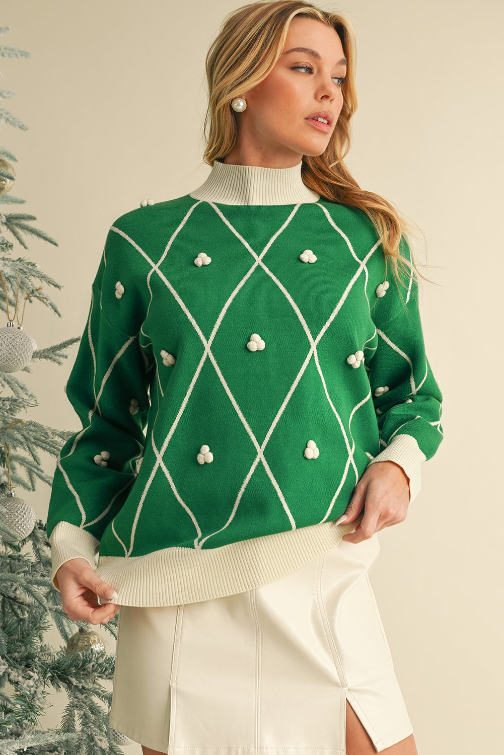 Diamond Pom Pattern Contrast Trim High Neck Sweater