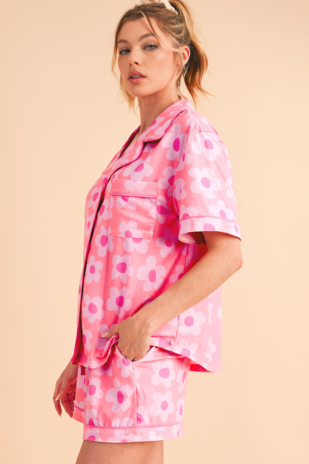 Flower Print Buttoned Shirt and Drawstring Waist Pajama Set