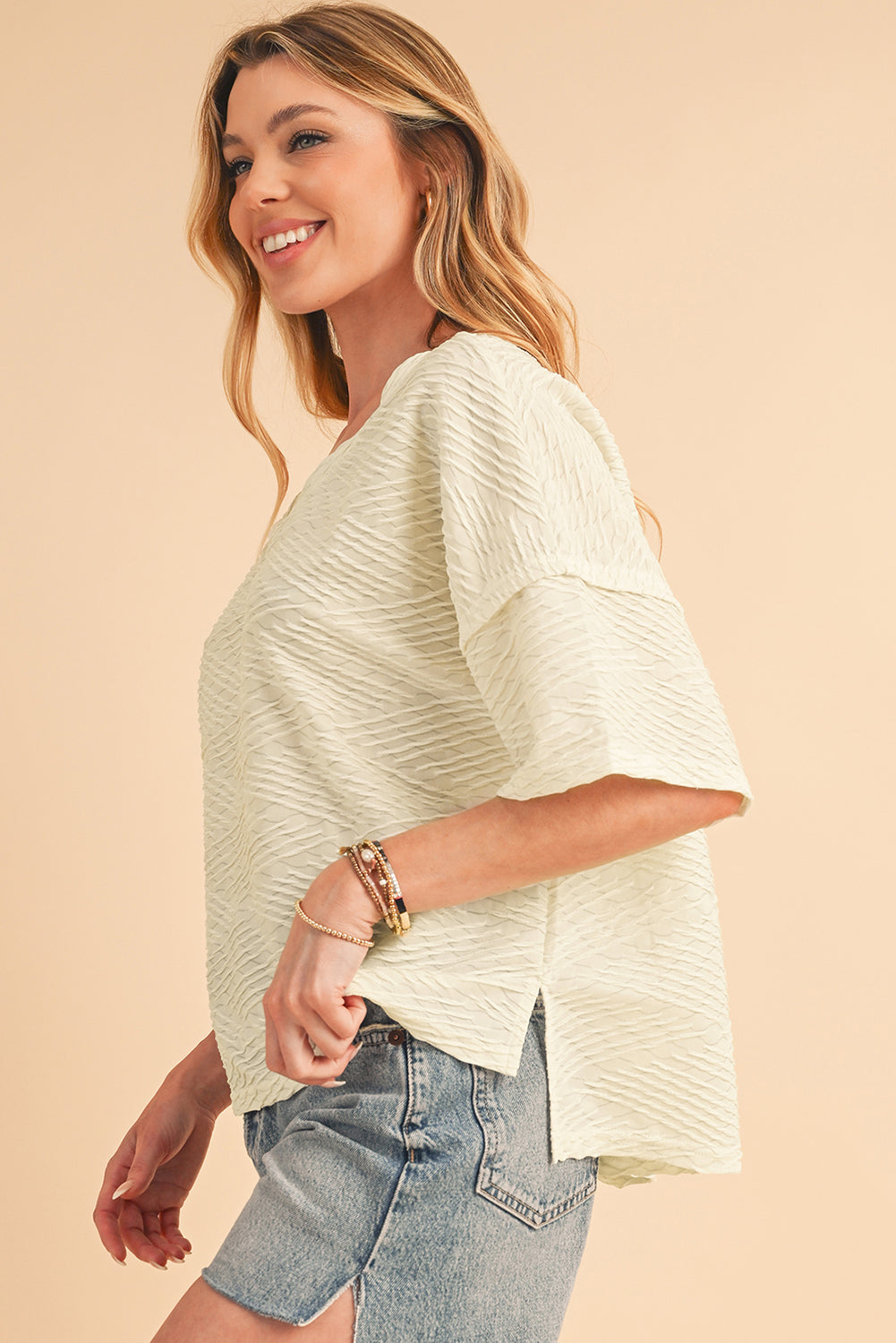 Beige Textured V Neck Split Hem T Shirt