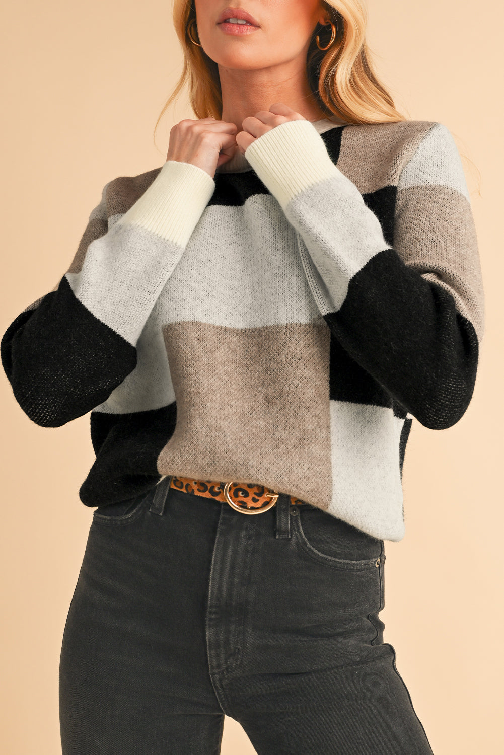 Black Checkered Colorblock Round Neck Knit Sweater